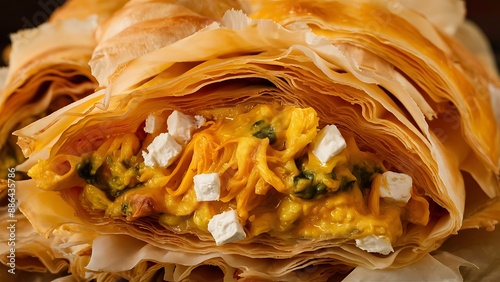 Banitsa, traditional Bulgarian food prepared by layering mixture of whisked eggs and pieces of cheese between filo pastry photo