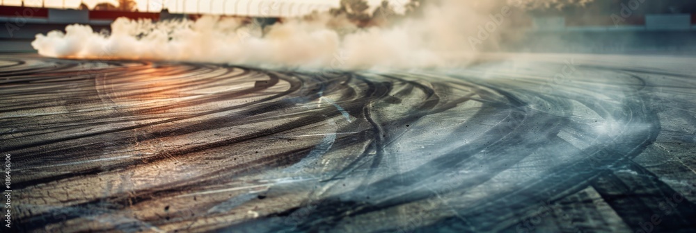 Tire track mark and smoke on asphalt tarmac road race track. Driver drifting car on speed track Tire track mark and smoke on asphalt tarmac road race track. Driver drifting car on speed track