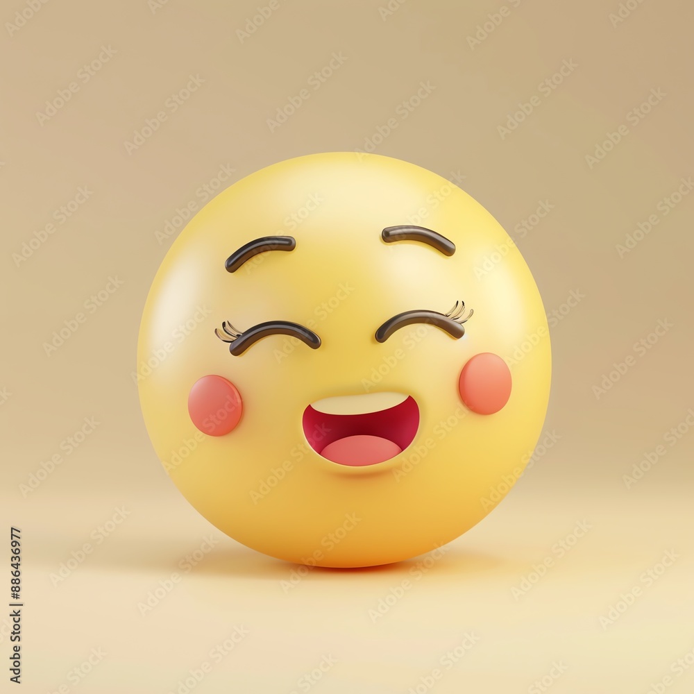 Fototapeta premium 3D rendering of a cheerful, smiling emoji with blushing cheeks on a light brown background. Perfect for expressing joy and positivity.