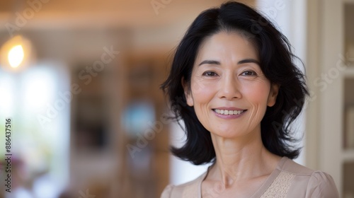 Smiling MiddleAged Woman, Portrait of Confidence and Elegance, Asian Heritage, Authentic Indoor Setting