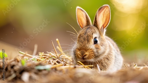 The close-up image features a small rabbit amidst dried grass and straw, highlighting the intricate details of its fur and creating a sense of intimacy and connection with nature.