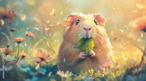 Cute Guinea Pig Enjoying Lettuce in Meadow Illustration - Charming and Detailed Artwork of Pet Animal Among Wildflowers