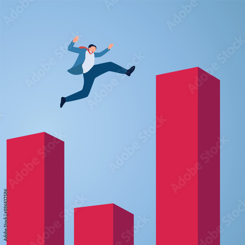 A man jumps on a graph a long distance, an illustration of overcoming an obstacle.