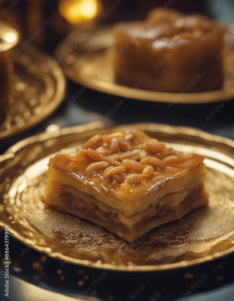 decadent baklava with layers of nuts and honey syrup on a gold-rimmed plate decadent baklava with layers of nuts and honey syrup on a gold-rimmed plate