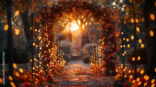 fall wedding decor, the autumn branches and fairy lights on the wedding arch create a warm and enchanting ambiance under the sunset glow for a fall outdoor celebration