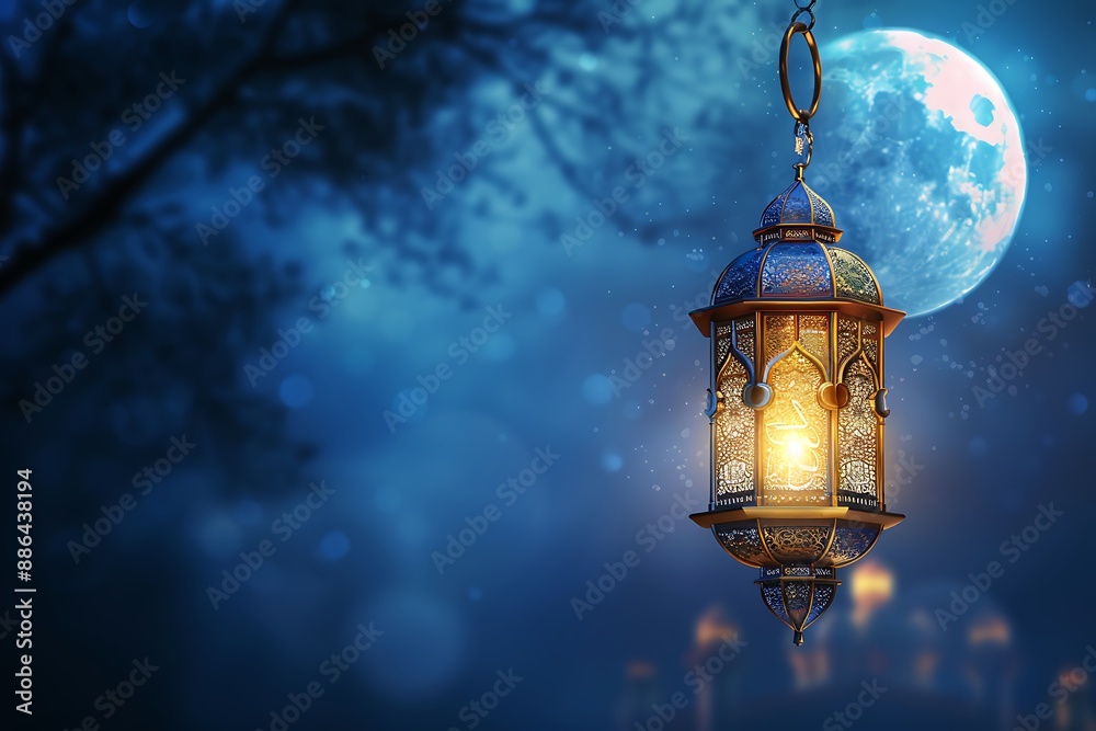 Illustration on the theme of Ramadan. An oriental carved lamp stands against the background of the golden moon and the starry sky. 