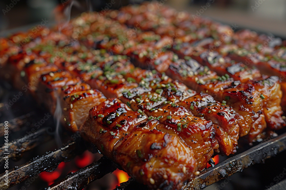 Grilling beef steaks on a grill and shot with selective focus. AI Generative Grilling beef steaks on a grill and shot with selective focus. AI Generative