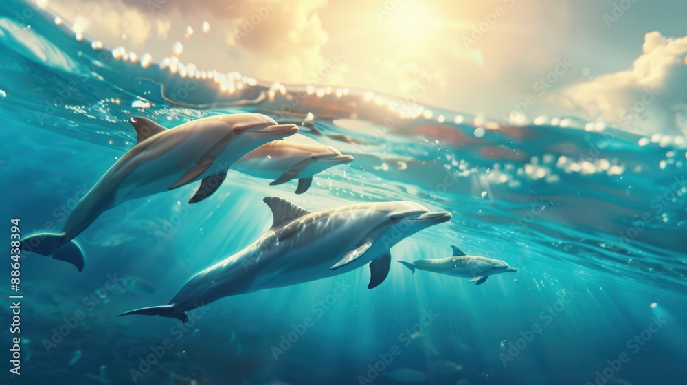 Fototapeta premium Playful Family of Dolphins in Crystal-Clear Ocean Waters with Sunlight Filtering Through the Surface - Bright and Lively Marine Life Scene