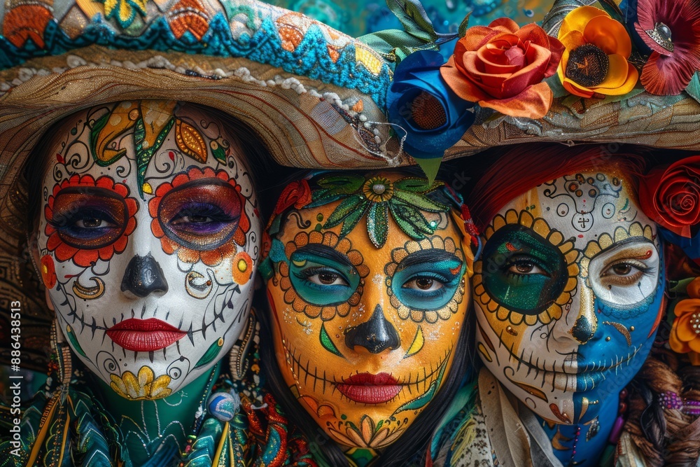 Festive Mexican celebration with women in colorful clothing, painted faces, and sombreros. Festive Mexican celebration with women in colorful clothing, painted faces, and sombreros.