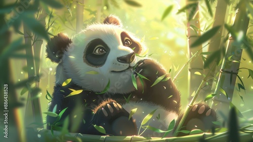 Tranquil Giant Panda Feasting in Bamboo Forest | Peaceful Nature Wildlife Digital Illustration photo