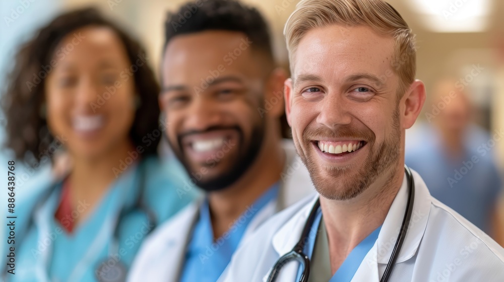 Smiling healthcare professional in the foreground, with colleagues slightly blurred in the background, representing teamwork, happiness, and dedication in a medical setting. Smiling healthcare professional in the foreground, with colleagues slightly blurred in the background, representing teamwork, happiness, and dedication in a medical setting.