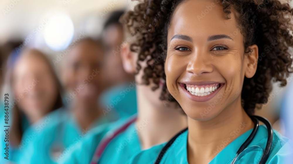 Close-up of a smiling healthcare professional with colleagues in the background, highlighting teamwork, joy, and dedication in a healthcare environment.