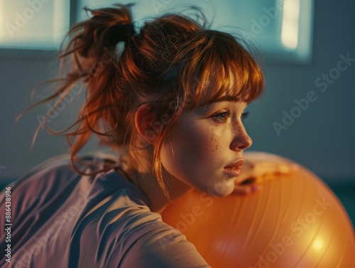 A woman with bright red hair holds a large orange in her hand photo