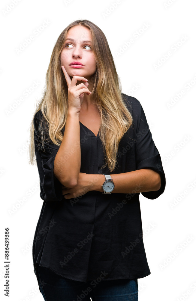 Young beautiful blonde woman over isolated background with hand on chin thinking about question, pensive expression. Smiling with thoughtful face. Doubt concept. Young beautiful blonde woman over isolated background with hand on chin thinking about question, pensive expression. Smiling with thoughtful face. Doubt concept.