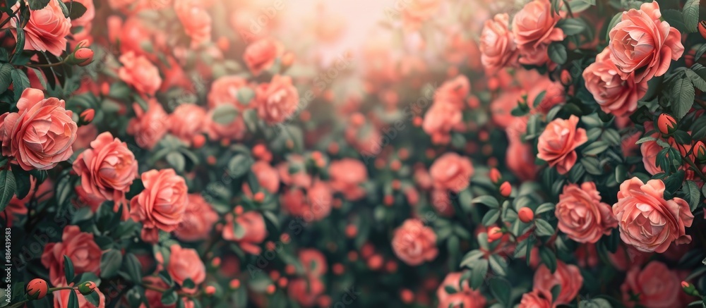 Garden blossoms of coral roses ideal for card logo and congratulatory design mock ups with ample copy space image
