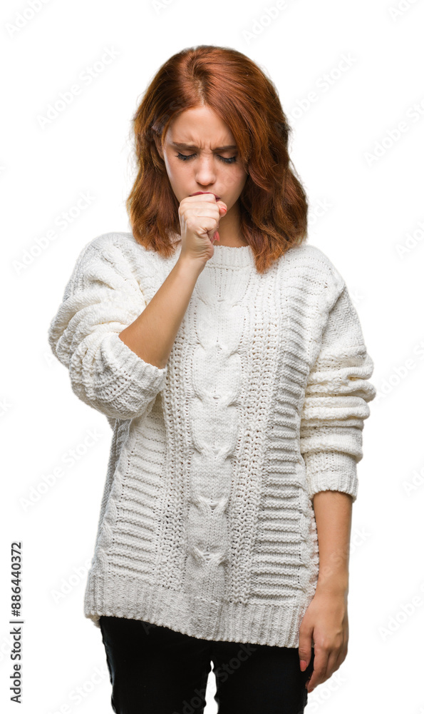 Young beautiful woman over isolated background wearing winter sweater feeling unwell and coughing as symptom for cold or bronchitis. Healthcare concept.