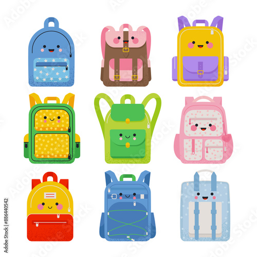 Cute school kids backpack set. Flat Vector illustrations in kawaii style