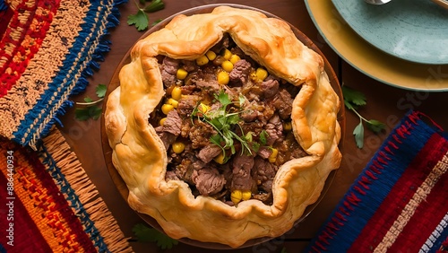 Pastel de choclo corn pie is a Chilean dish based on sweetcorn and beef closeup in the pots on the table. Horizontal top view from above photo