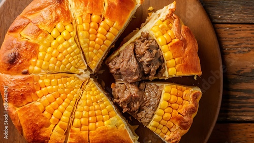 Pastel de choclo corn pie is a Chilean dish based on sweetcorn and beef closeup in the pots on the table. Horizontal top view from above photo