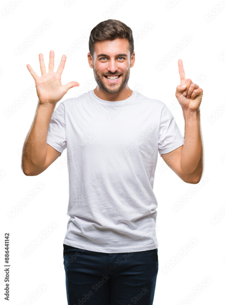 Young handsome man over isolated background showing and pointing up with fingers number six while smiling confident and happy. Young handsome man over isolated background showing and pointing up with fingers number six while smiling confident and happy.