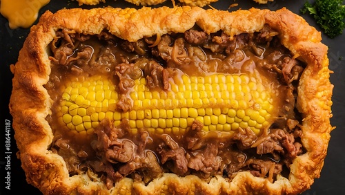 Pastel de choclo corn pie is a Chilean dish based on sweetcorn and beef closeup in the pots on the table. Horizontal top view from above photo