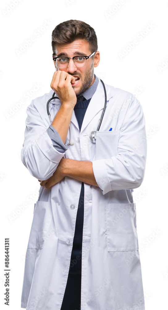 Young handsome doctor man over isolated background looking stressed and nervous with hands on mouth biting nails. Anxiety problem. Young handsome doctor man over isolated background looking stressed and nervous with hands on mouth biting nails. Anxiety problem.