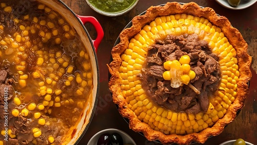 Pastel de choclo corn pie is a Chilean dish based on sweetcorn and beef closeup in the pots on the table. Horizontal top view from above photo