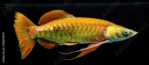 A red tailed golden arowana Scleropages aureus against a black background providing copy space image photo