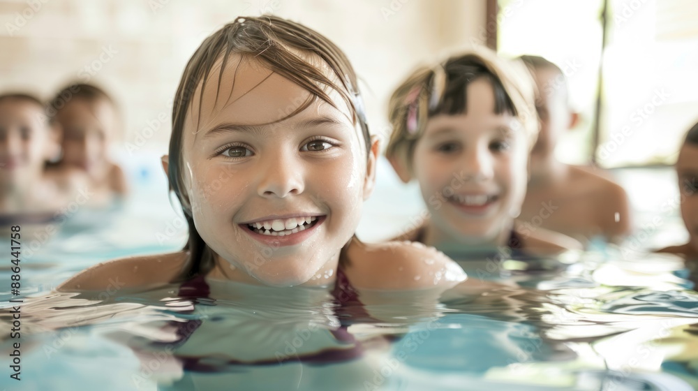A group of elementary school children enjoyed learning swimming skills at the pool. happy summer vacation A group of elementary school children enjoyed learning swimming skills at the pool. happy summer vacation