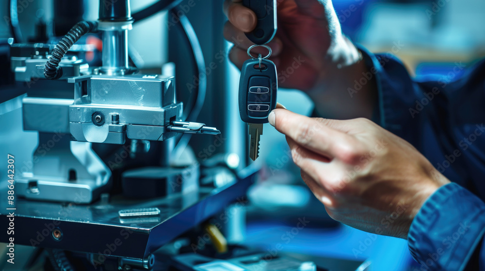 Hands of a technician operating precision machinery to create a car key with advanced automotive tools. Locksmith services, automotive security, precision engineering, car key reprogramming. Hands of a technician operating precision machinery to create a car key with advanced automotive tools. Locksmith services, automotive security, precision engineering, car key reprogramming.
