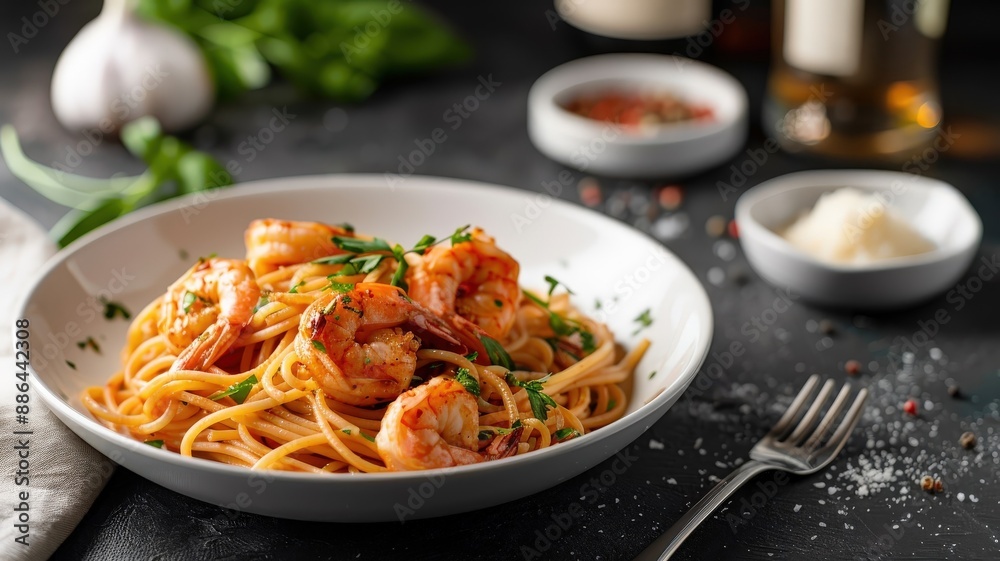 A photorealistic image of a garlic butter shrimp pasta dish with creamy sauce. A photorealistic image of a garlic butter shrimp pasta dish with creamy sauce.