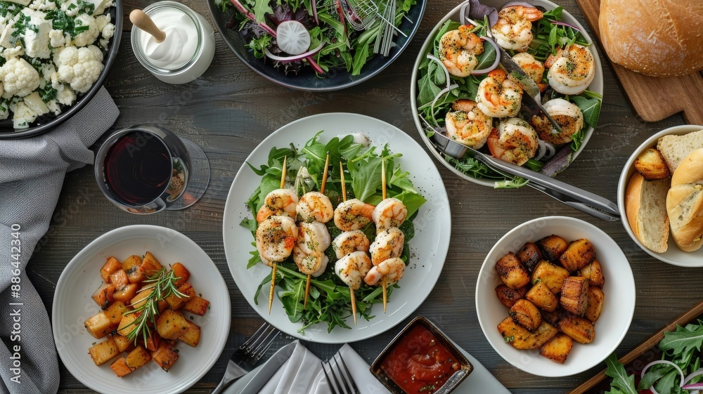 A festive dinner table with garlic butter shrimp skewers as the centerpiece. A festive dinner table with garlic butter shrimp skewers as the centerpiece.