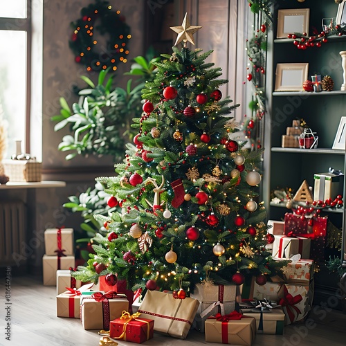 Different new years gifts wrapped in wrapping paper under the christmas tree branch