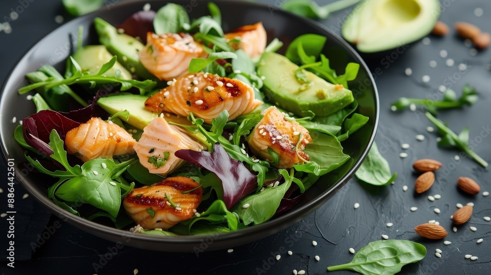 A deconstructed grilled salmon salad with mixed greens, avocado, and sesame seeds. A deconstructed grilled salmon salad with mixed greens, avocado, and sesame seeds.