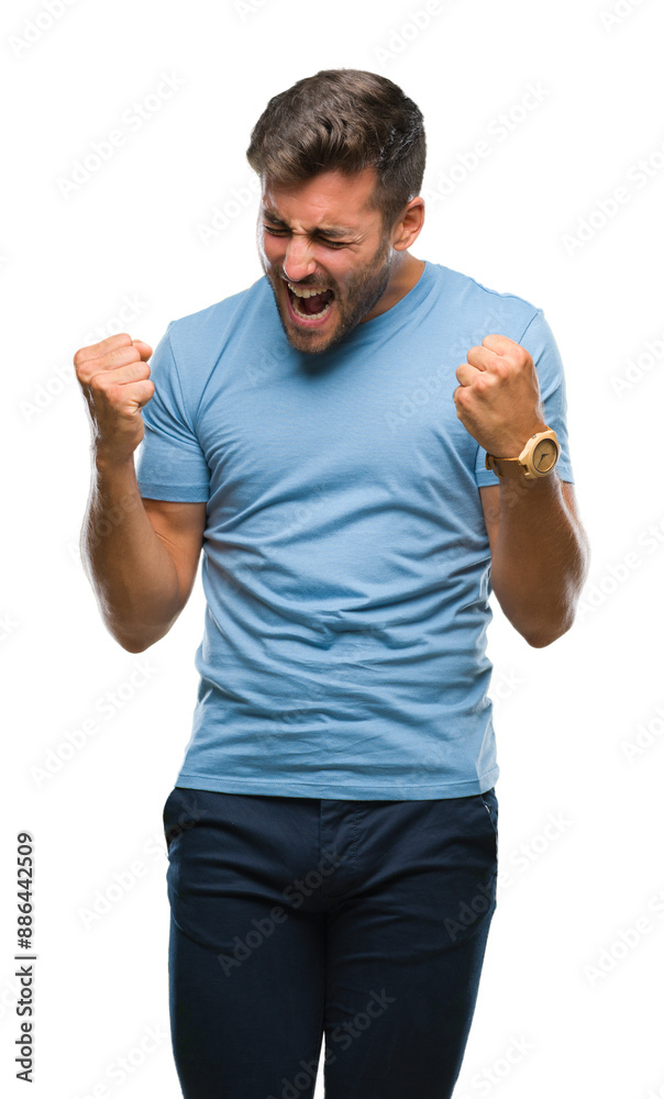 Young handsome man over isolated background very happy and excited doing winner gesture with arms raised, smiling and screaming for success. Celebration concept. Young handsome man over isolated background very happy and excited doing winner gesture with arms raised, smiling and screaming for success. Celebration concept.