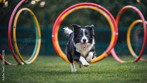 Energetic border collie performing agility training by jumping through colorful hoops.