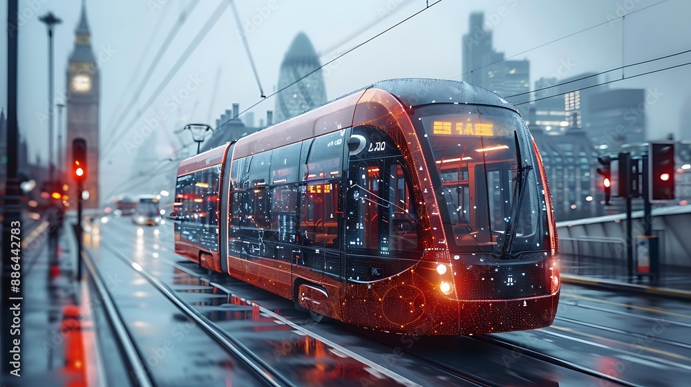 Naklejka premium Futuristic vision of England's transport system featuring hyper realistic electric doubledecker buses smart traffic signals set against a white background with infographic elements and writing space