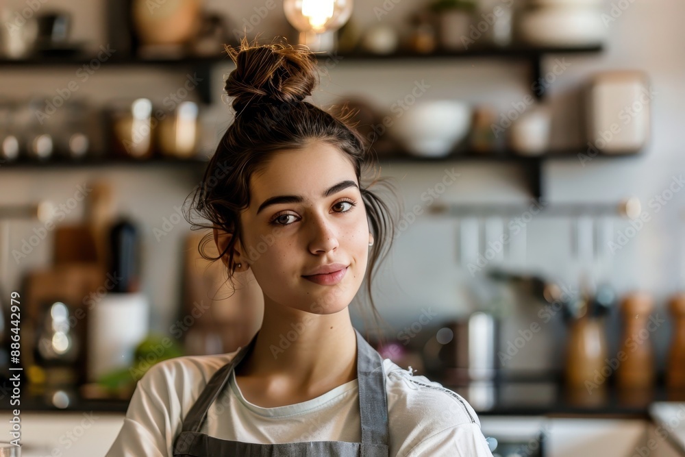 Stylish Young Woman in Casual Apron Sitting in Modern Kitchen, Close-Up Shot with Bright Lighting and Homely Vibe Stylish Young Woman in Casual Apron Sitting in Modern Kitchen, Close-Up Shot with Bright Lighting and Homely Vibe