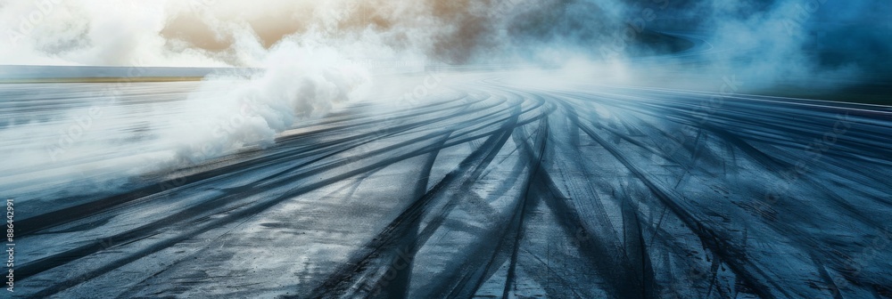 Obraz premium Tire track mark and smoke on asphalt tarmac road race track. Driver drifting car on speed track
