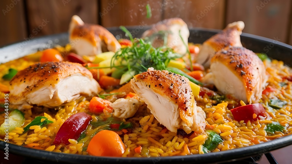 Traditional Spanish Paella with chicken. Wooden background. Front view. Traditional Spanish Paella with chicken. Wooden background. Front view.