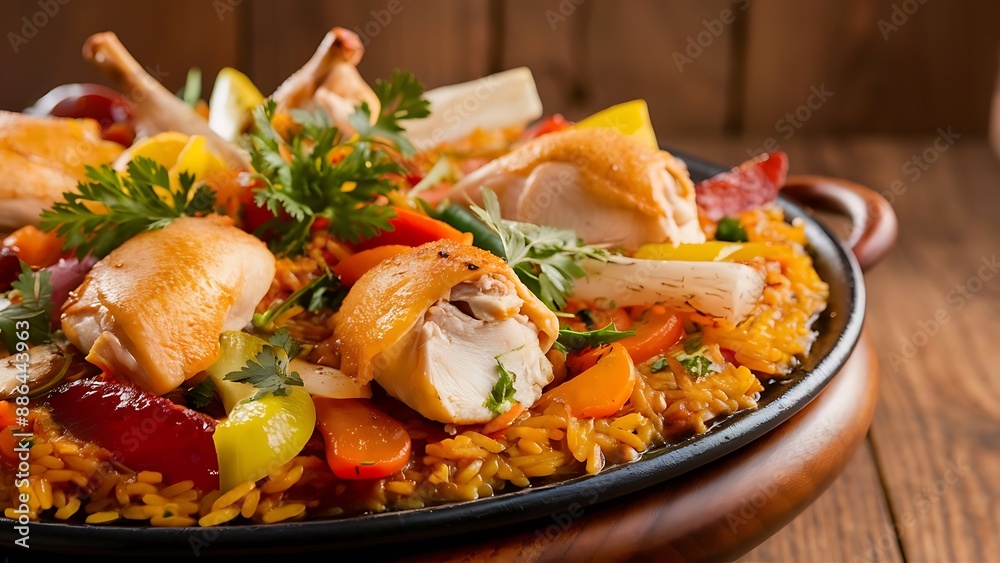 Traditional Spanish Paella with chicken. Wooden background. Front view. Traditional Spanish Paella with chicken. Wooden background. Front view.