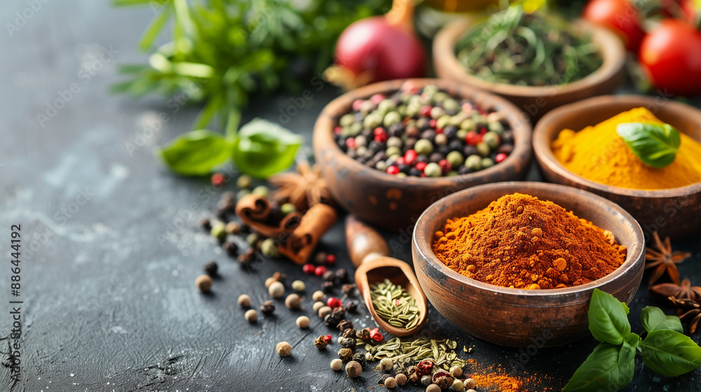 A seasonal display of spices, highlighted by a variety of fresh fruits and vegetables A seasonal display of spices, highlighted by a variety of fresh fruits and vegetables