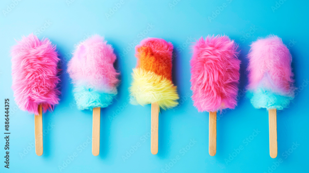 Five colorful furry popsicles in a row against a bright blue background, creating a fun and whimsical take on a classic summer treat. Five colorful furry popsicles in a row against a bright blue background, creating a fun and whimsical take on a classic summer treat.