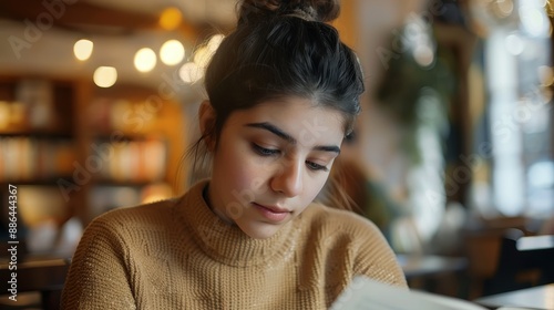 Serene Student: Close-up of Young Woman Studying at Cozy Cafe with Soft Lighting and Comfortable Vibe