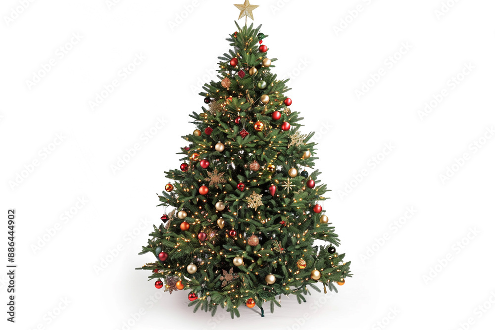 A fully decorated Christmas tree with twinkling lights and ornaments, standing against a pristine white background. A fully decorated Christmas tree with twinkling lights and ornaments, standing against a pristine white background.