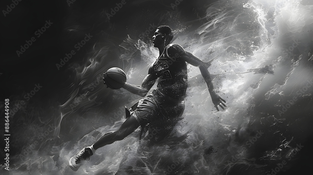 Dynamic black and white photo of a basketball player mid-air, capturing the essence of athleticism and movement in a smoky, dramatic setting. Dynamic black and white photo of a basketball player mid-air, capturing the essence of athleticism and movement in a smoky, dramatic setting.