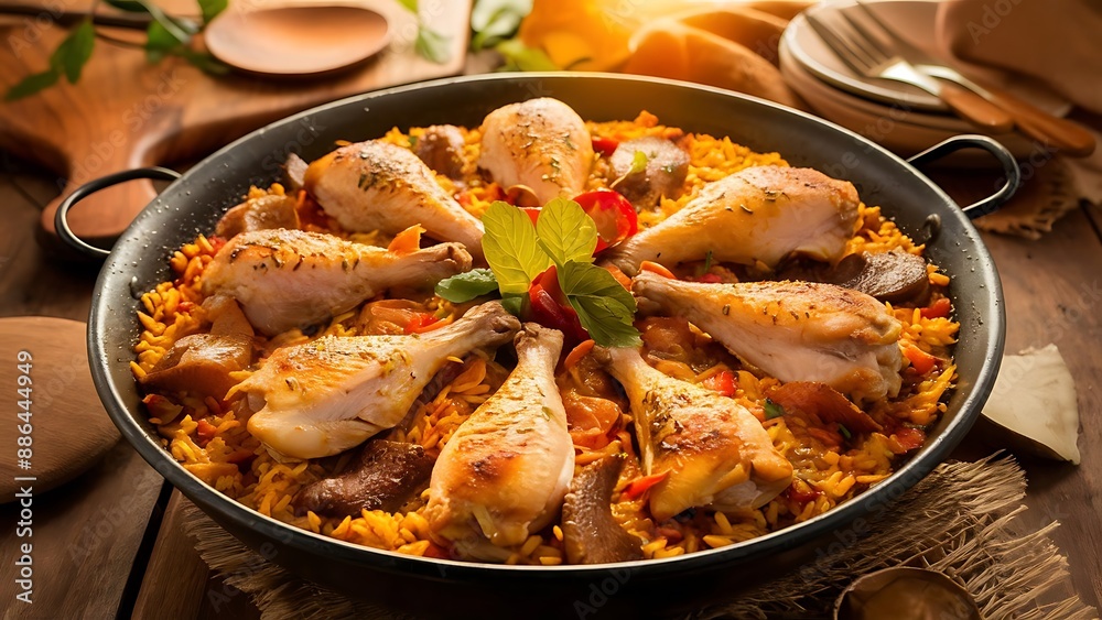 Traditional Spanish Paella with chicken. Wooden background. Front view. Traditional Spanish Paella with chicken. Wooden background. Front view.