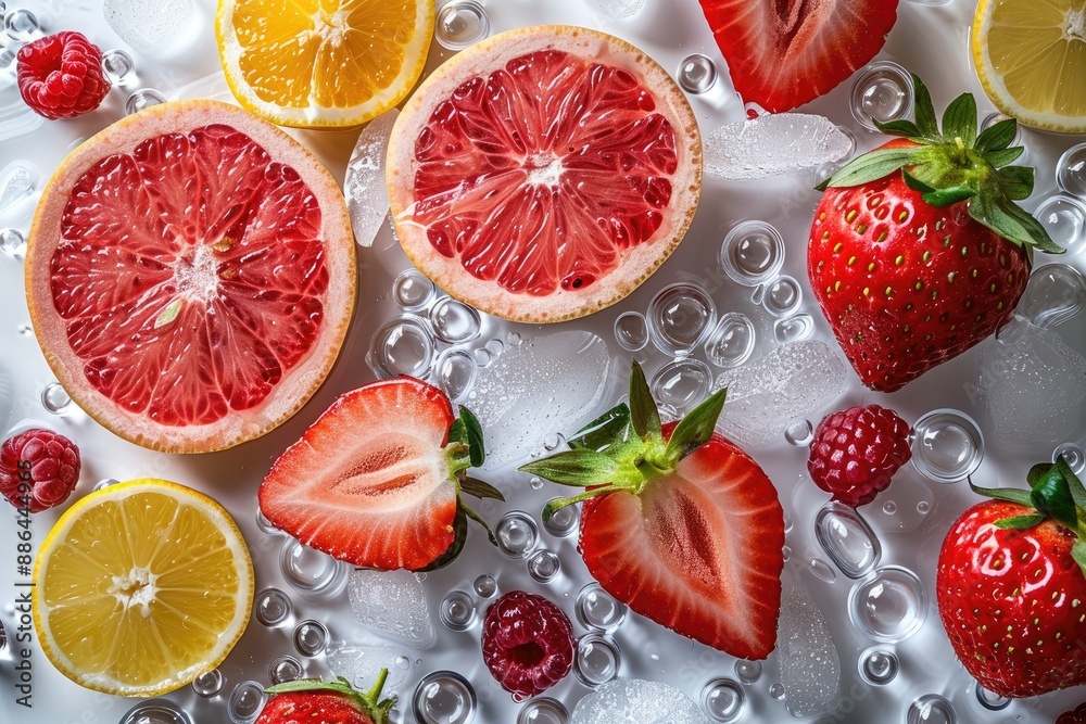 Colorful citrus fruits and berries composition with water droplets Colorful citrus fruits and berries composition with water droplets