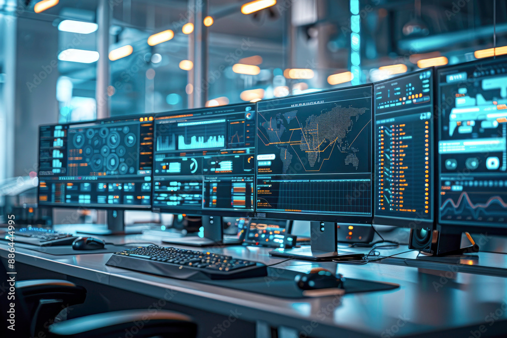 A high-tech control room aglow with multiple monitors displaying various data and graphics, showcasing the modern digital age and technological advancement. A high-tech control room aglow with multiple monitors displaying various data and graphics, showcasing the modern digital age and technological advancement.