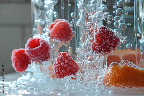 Closeup view of fresh raspberries and orange slices splashing into clear water